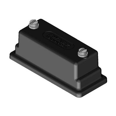 Black rectangular enclosure block with two screws, typically used for electronic applications. Upper embossing present.