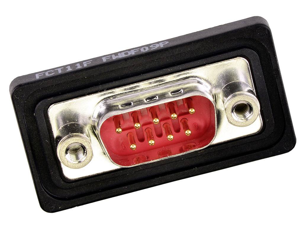 'Close-up of a female serial D-sub connector with nine pins, mounted on a rectangular metal housing.'