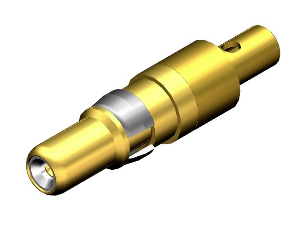 A golden electrical plug with multiple metal components.