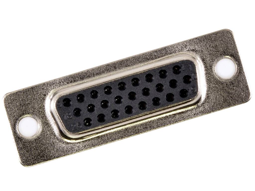 A VGA connector plug with 15 pins in three rows on a rectangular metal plate.
