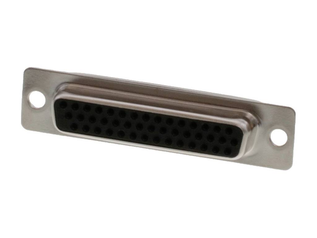 A silver D-sub connector with a metal housing and numerous round pin openings, suitable for computer and electronic connections.