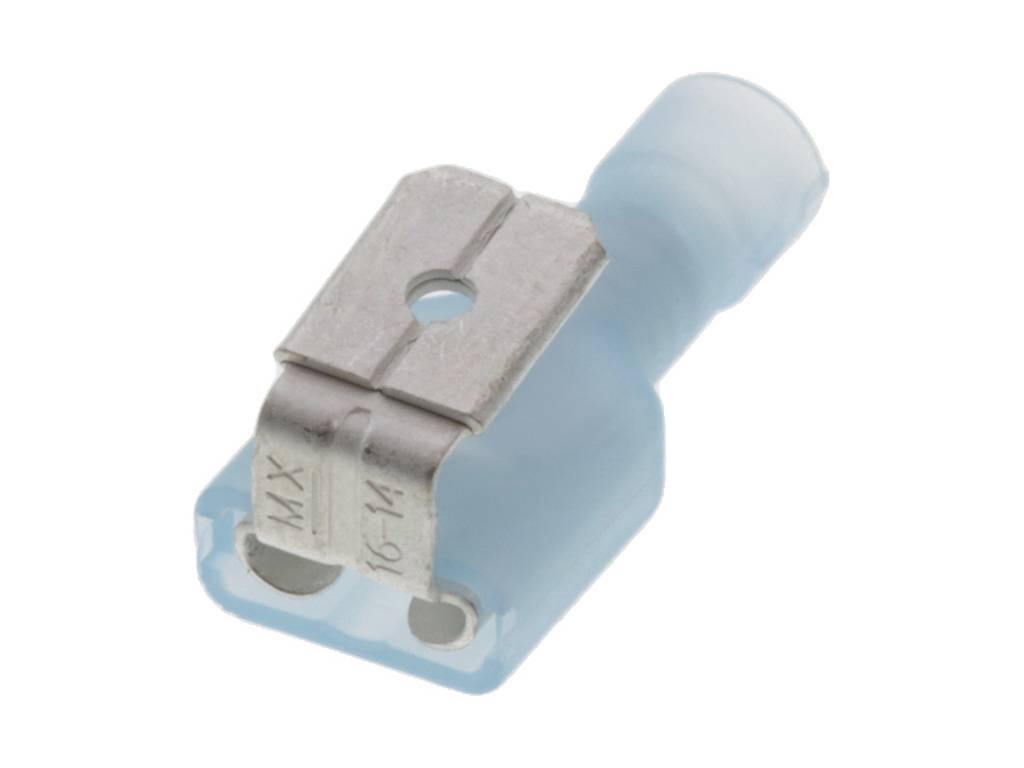A blue plastic cable plug with a metal clip for electrical connections.