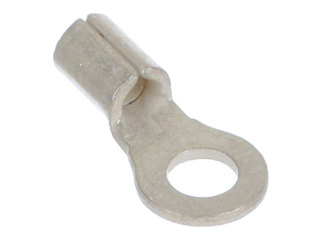 A silver ring cable lug, used for connecting cables to electrical devices, shows the opening for cable insertion.