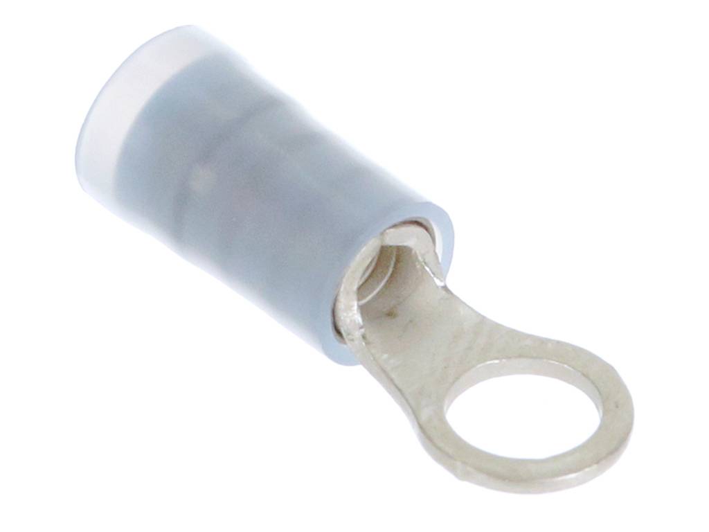 A light blue, insulated cable lug with a ring terminal for securing to electrical connections.