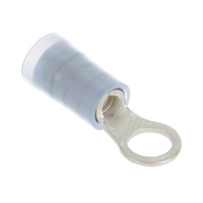 A light blue, insulated cable lug with a ring terminal for securing to electrical connections.
