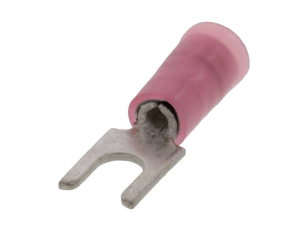 Red cable lug with forked terminal.