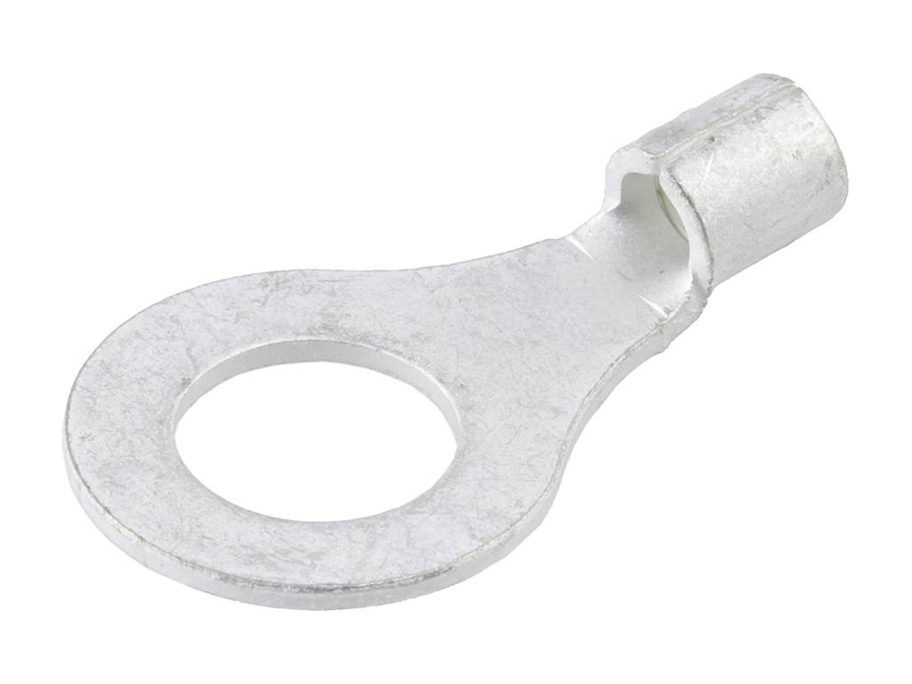 A silver ring cable lug with a round connection hole and a tubular end for securing to a cable.