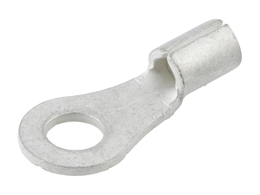 A tinned cable lug with a ring terminal for attaching cables to a bolt or connection.