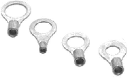 Four silver cable lugs in various sizes on a white background. They are designed for connecting cables to electrical equipment.
