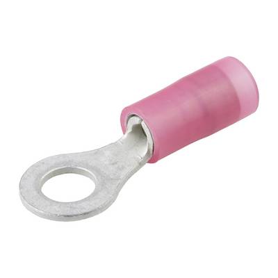 A red cable lug ring terminal, insulated, made of metal with plastic coating, is used for securely connecting cables.