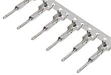 Metallic pin contacts, arranged in a row on a mounting strip. They serve to create electrical connections in circuit boards.