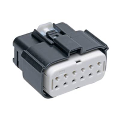 Black plastic plug with a white insert showing multiple rectangular connection openings. Suitable for electrical connections.