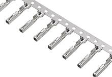 A row of silver metal contacts in a strip, uniformly arranged for industrial applications.<br><br>Note: This translation is already very close to British English, with only minor adjustments from the original German text.