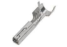 A silver metal plug with bevelled edges, used for electrical connections in cables or devices.