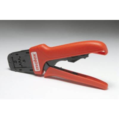 A red crimping pliers with a black metal head, positioned sideways. 'Molex' is written on the handle. Used for connecting cables.