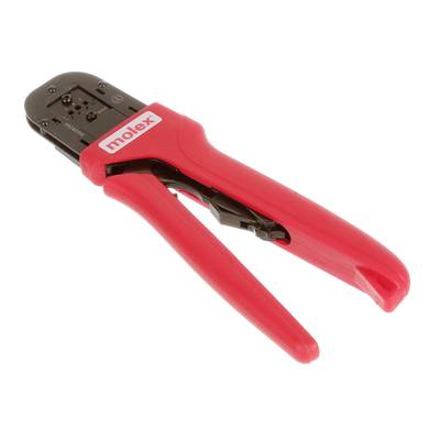 Red crimping pliers by Molex with a black head and handles, used for connecting cables and connectors in electrical engineering.