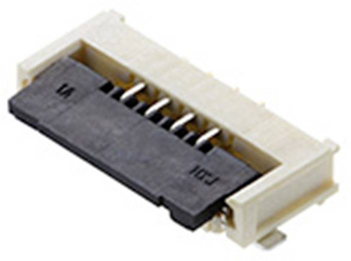 A rectangular electrical connector with multiple metal pins, for connecting electronic devices.