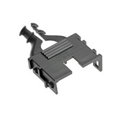 A black plastic clip with two slots and a curved mounting bracket. Used for securing or connecting cables.