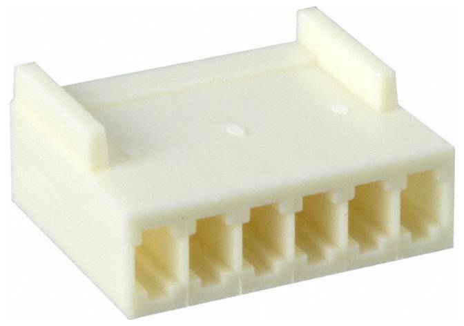 A five-pin connector with a white plastic housing, featuring parallel slots for pins.