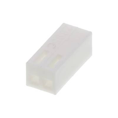 Plastic connector with two connection openings, rectangular shape, white, used for electrical connections or wiring.