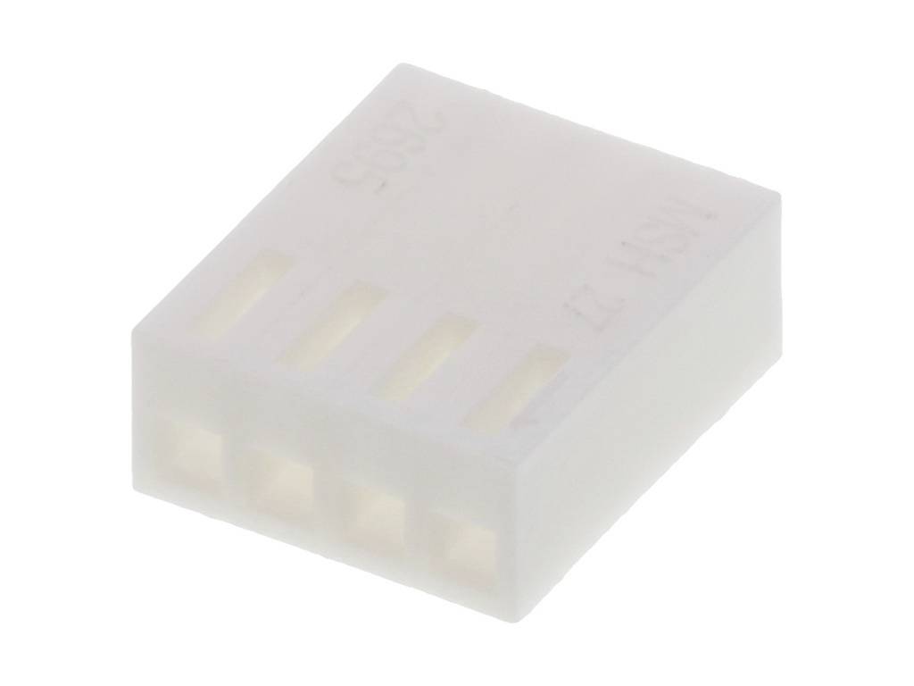 A white, rectangular plug with four socket openings, used for electronic connections.