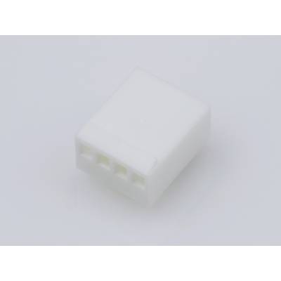 A small, white plastic connector with four rectangular openings, against a light background.