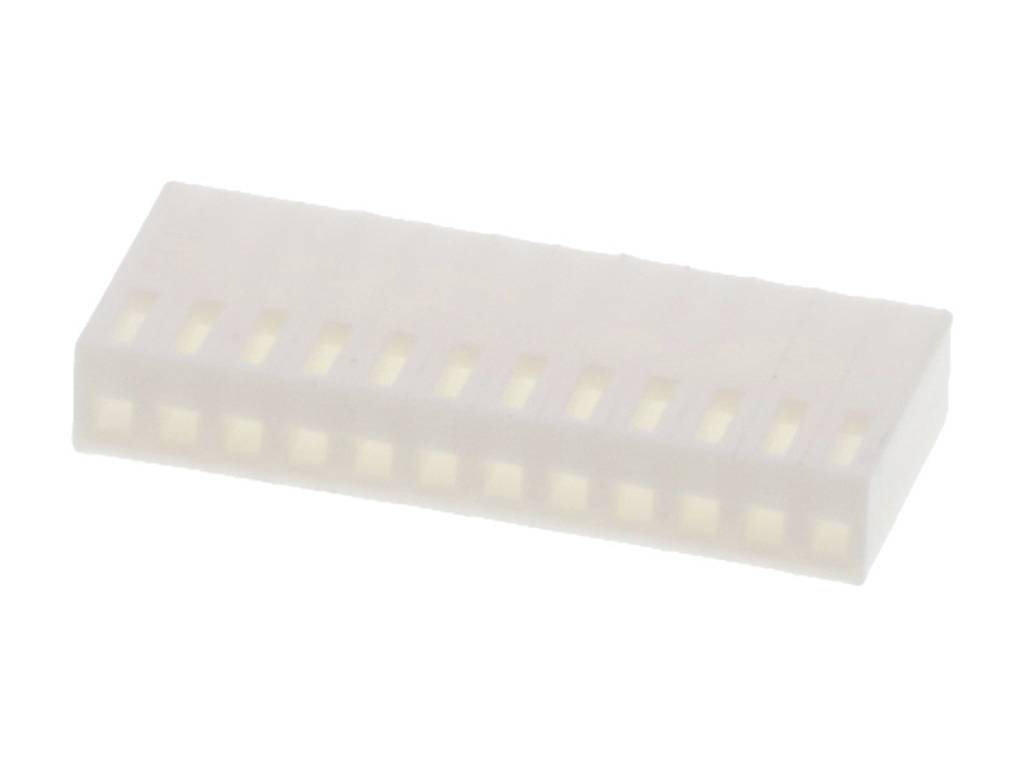 A white electrical connector with multiple pins in a rectangular plastic housing.