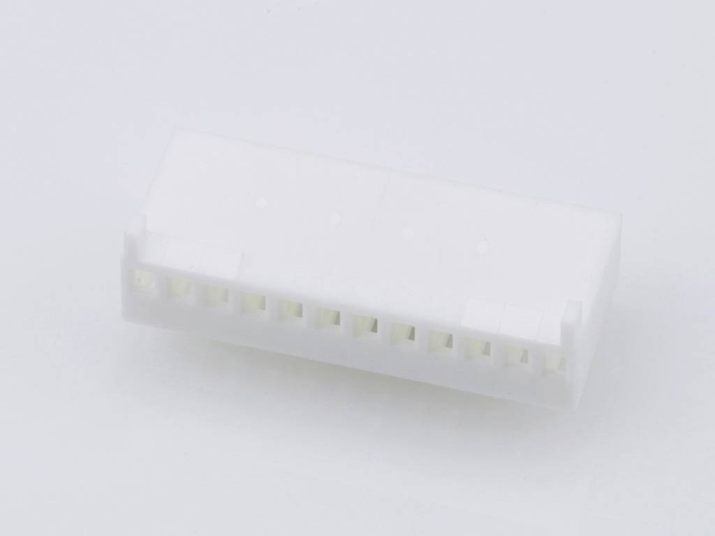 A white electrical connector with multiple contact openings, set against a white background.