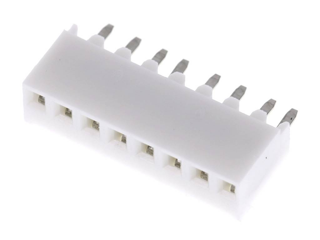A white electronic plug with eight metal pins in a row, used for connecting electronic components.