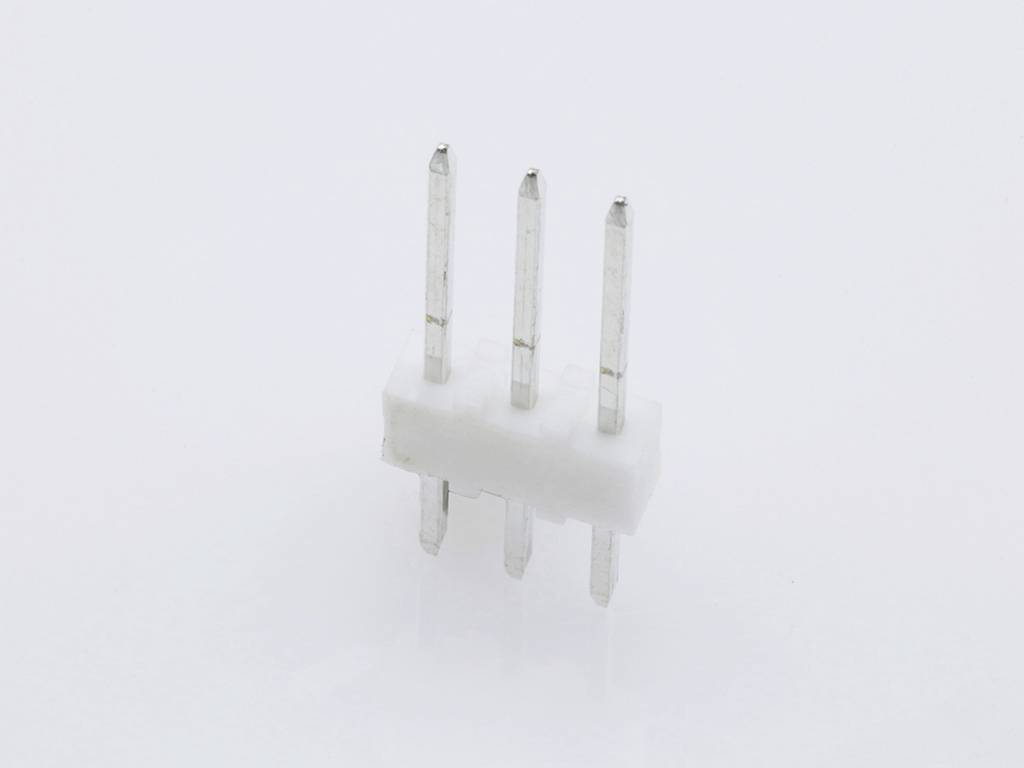 A white plastic plug with four protruding metal pins arranged in two parallel rows, set against a white background.