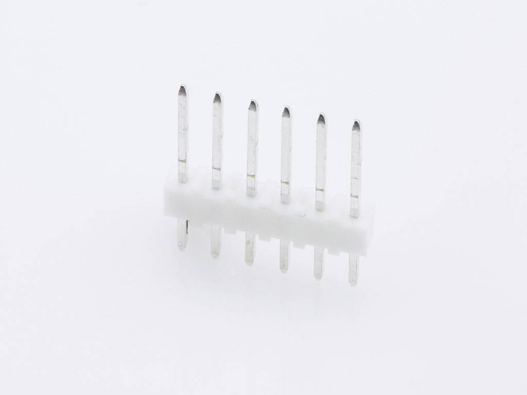 A white pin header with seven metal pins, on a white background, used for electronic connections and circuit boards.
