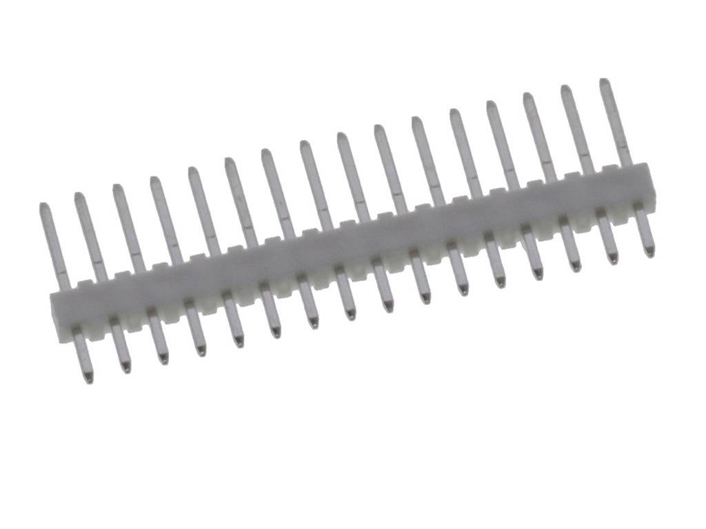Plastic strips with multiple metallic pins, typical of electronic connections or circuit boards.