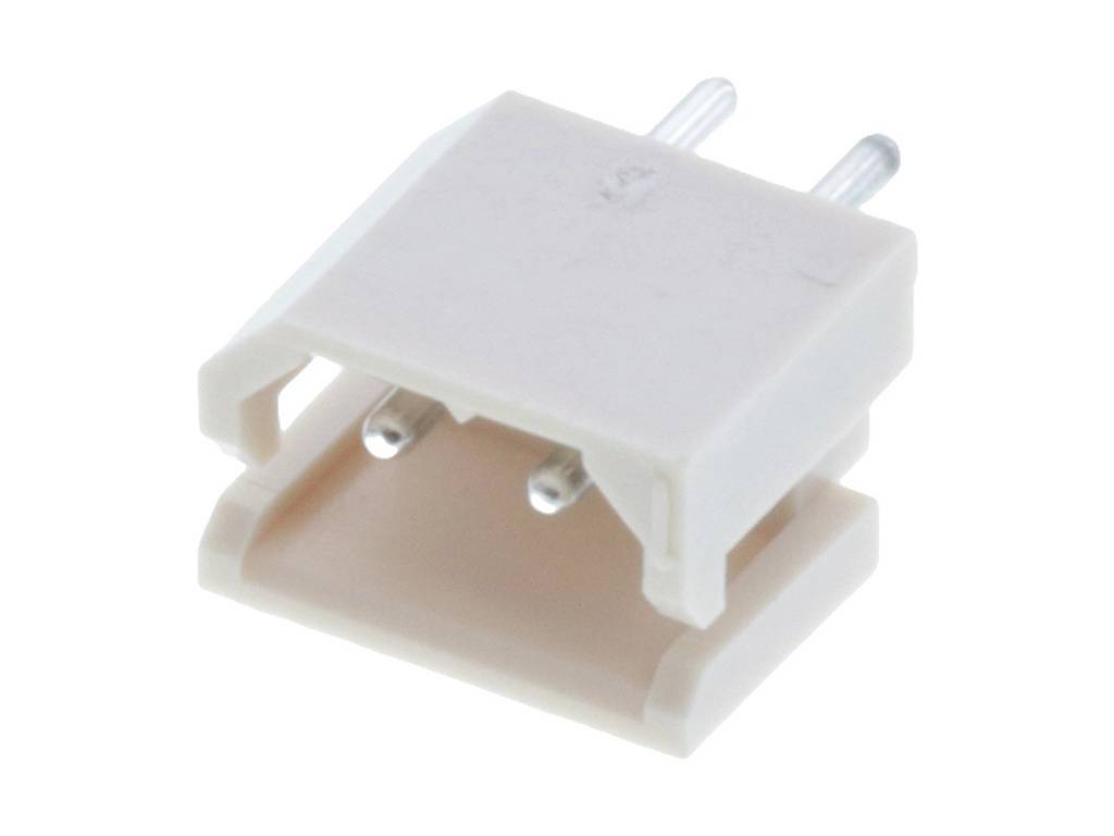 Two-core, white plastic connector with protruding metal pins, suitable for electrical connections in devices.