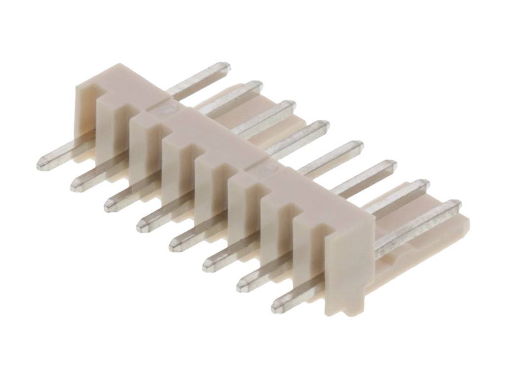 A beige connector with eight long metal pins stands upright. This is used in electronic applications.