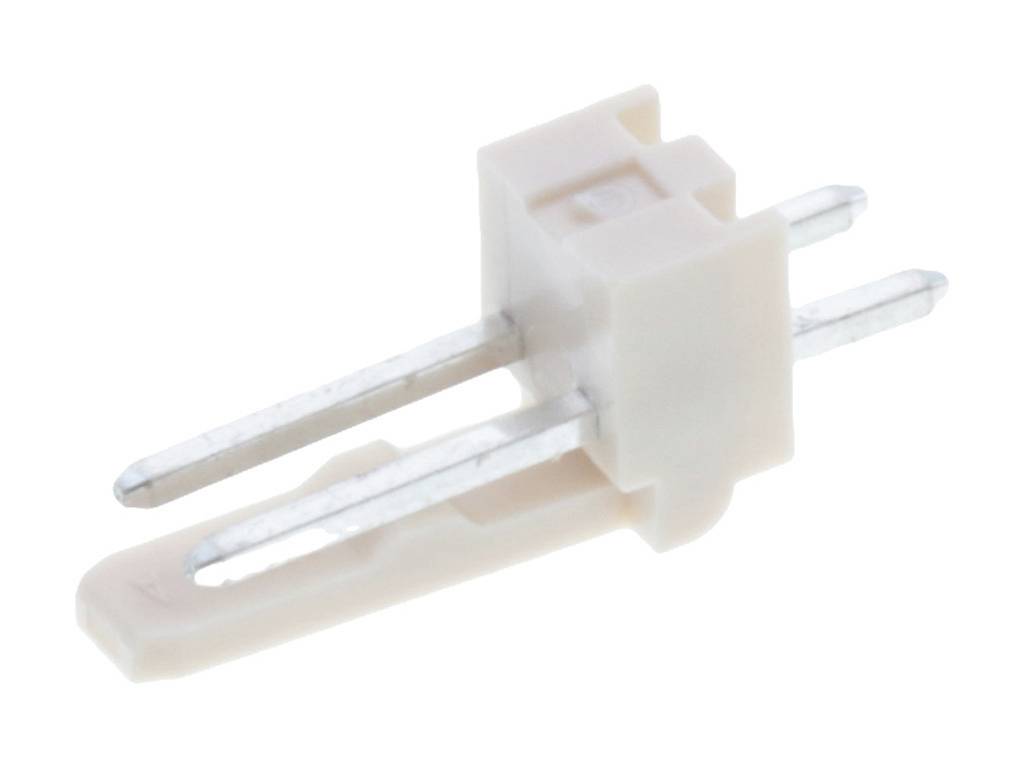 A white, two-pole electrical plug with two metallic pins. Application: Printed circuit board connection.