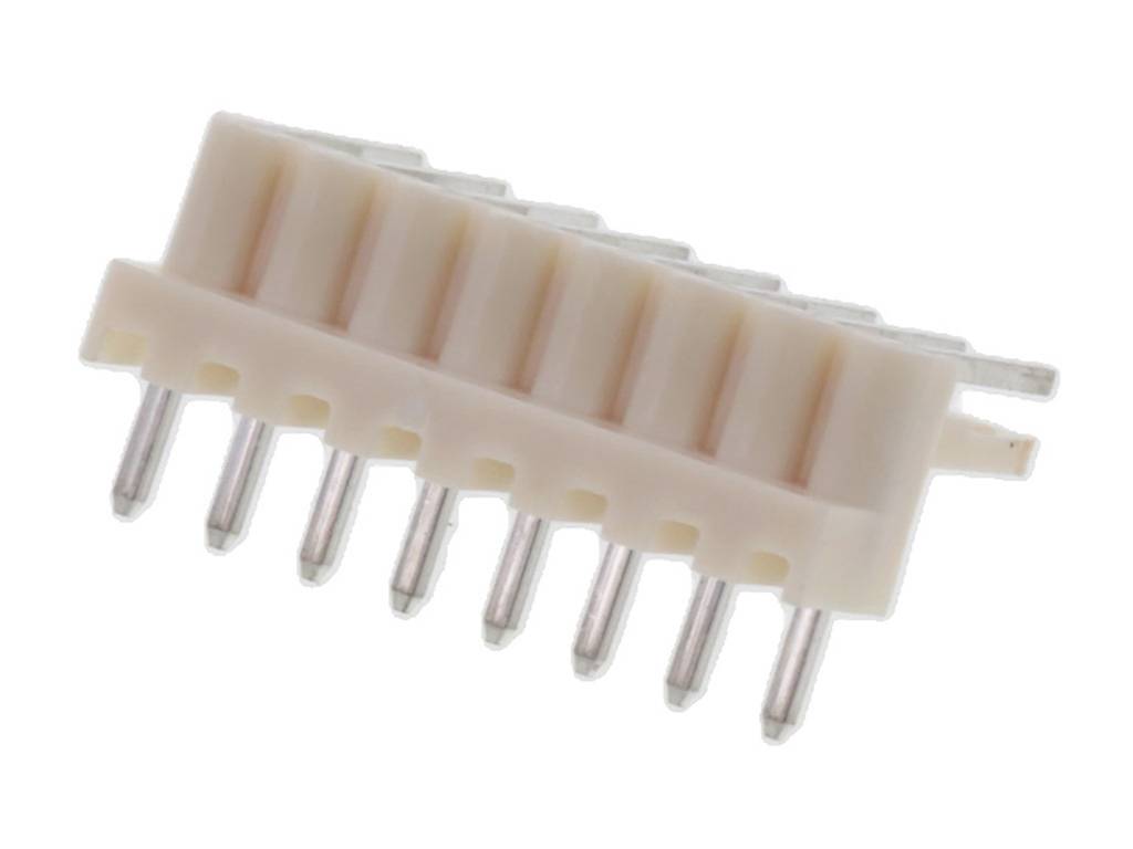 White electrical connector with ten metal pins, horizontally arranged.