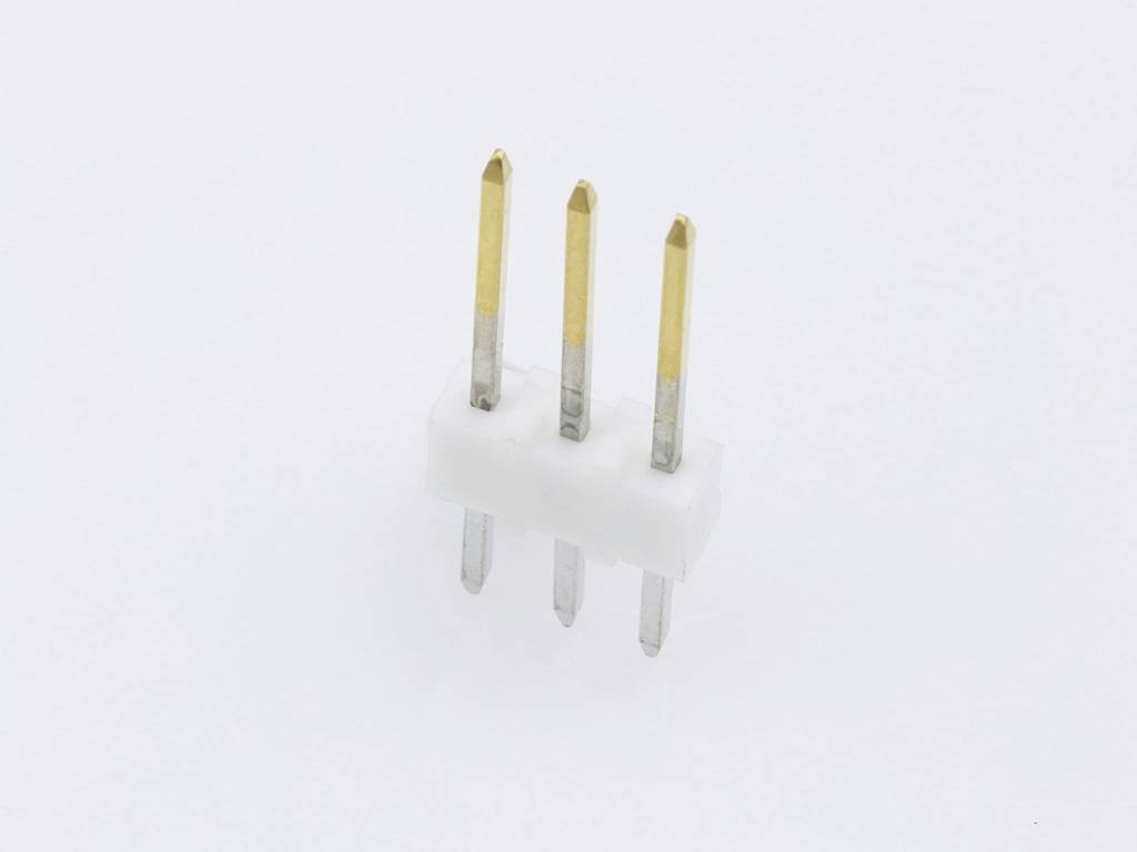 A three-pole pin plug on a white background, with two rows of three gold-plated metallic pins in a white plastic housing.