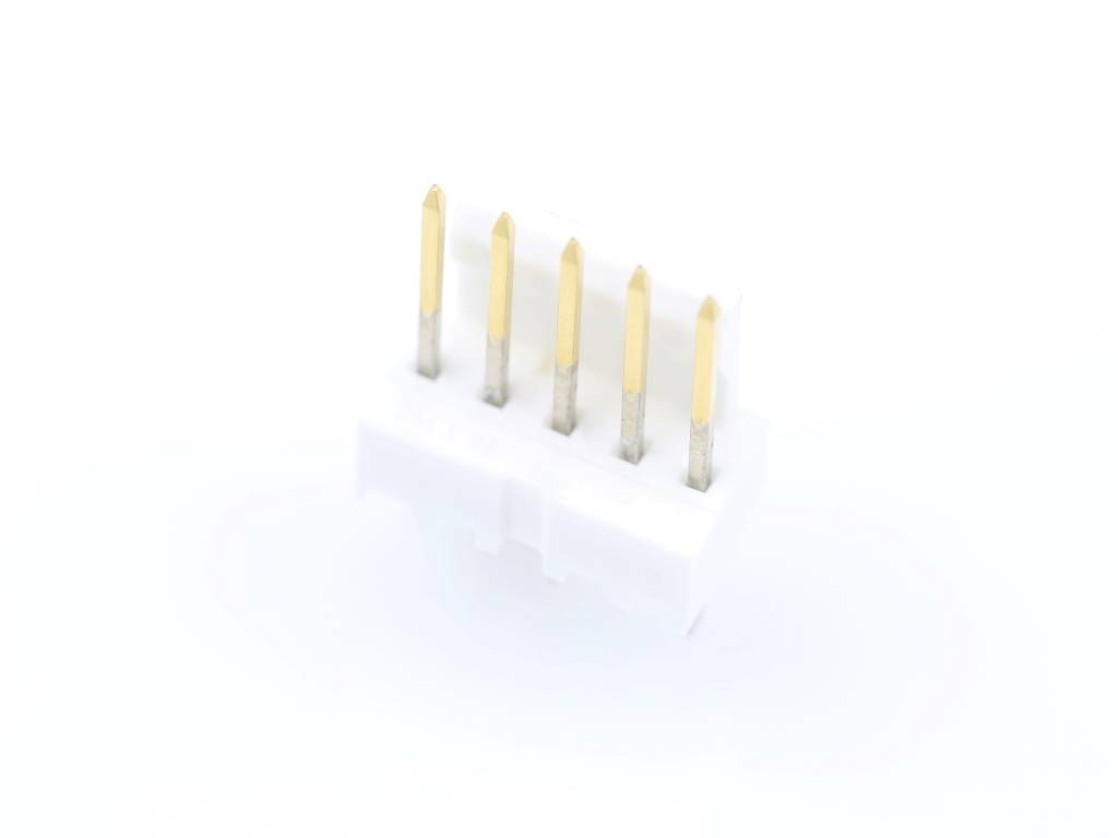 A white, five-pin plastic plug with golden contacts, potentially used for electronic connections.