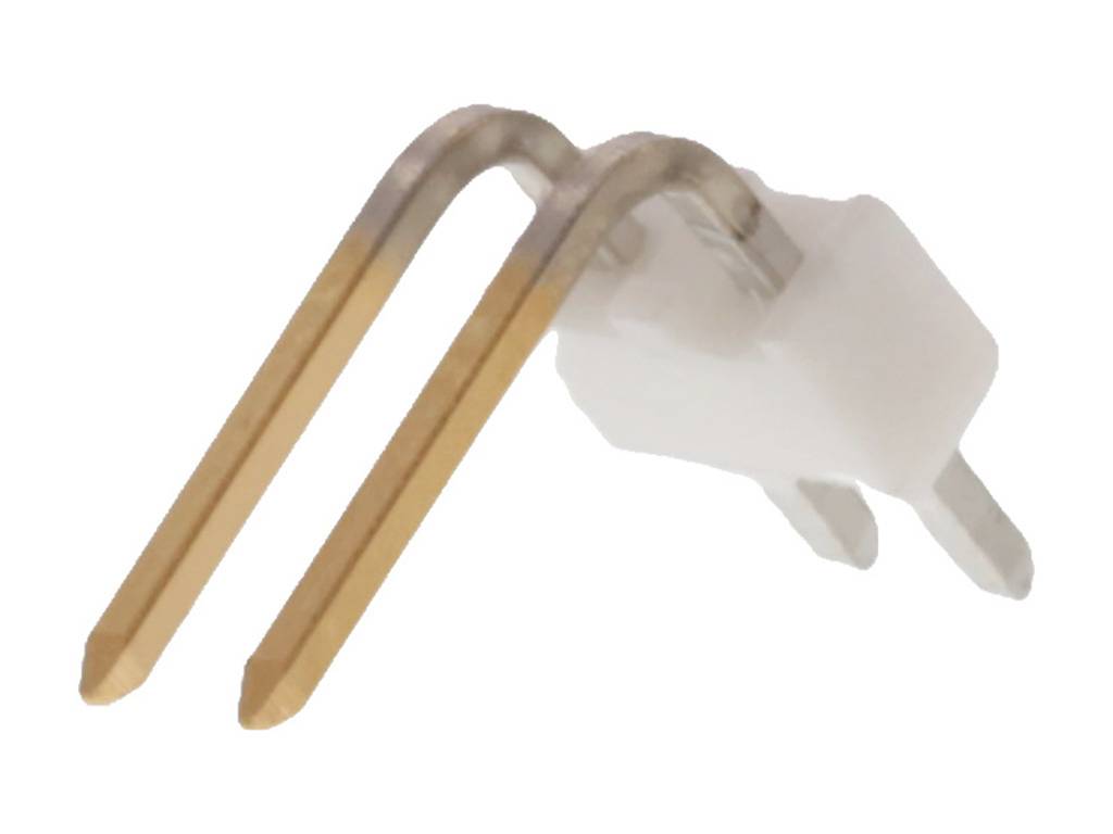 Electronic component with two curved metal pins and a white plastic housing. Suitable for electrical connections.