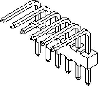 Black and white pixel image of a microchip with numerous protruding pins for electronic connections and signals.