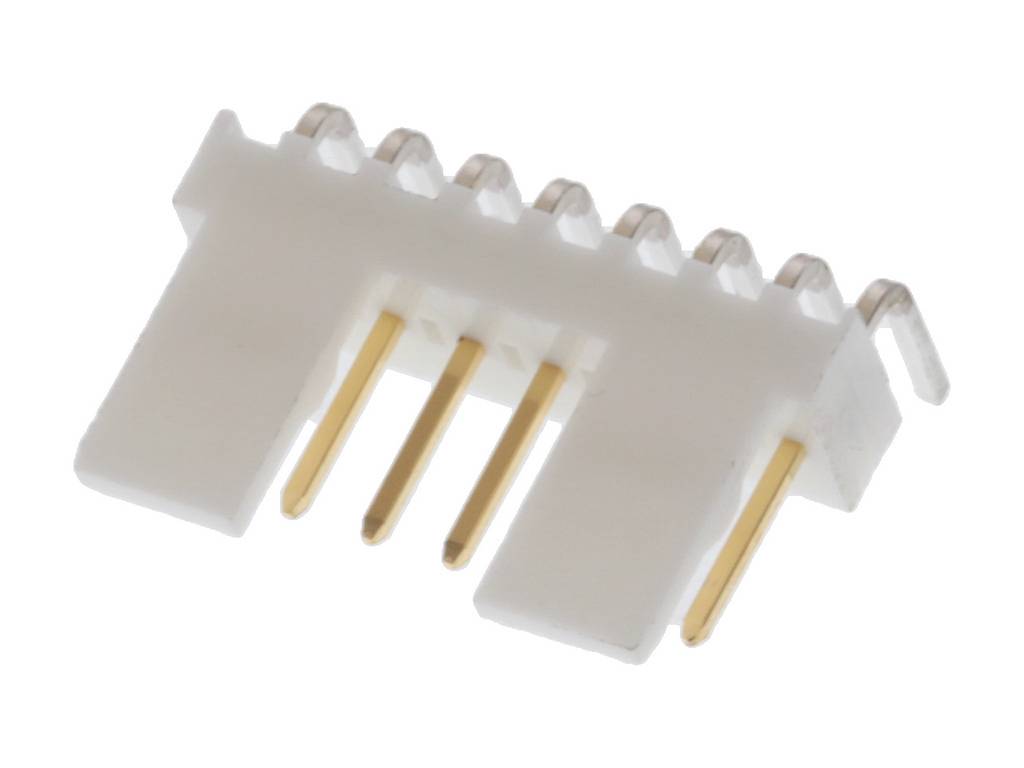 A white electrical connector with four golden pins protruding from a plastic base.
