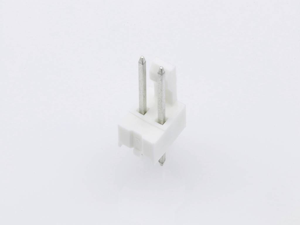 A white, two-pin plastic plug with two metal pins. Primarily used for electronic or electrical devices.