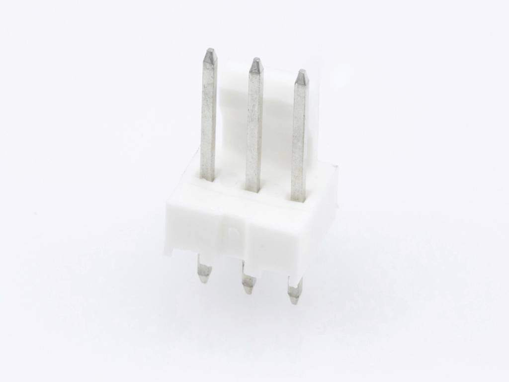 A white plastic plug with four metal pins, evenly distributed, on a white background.