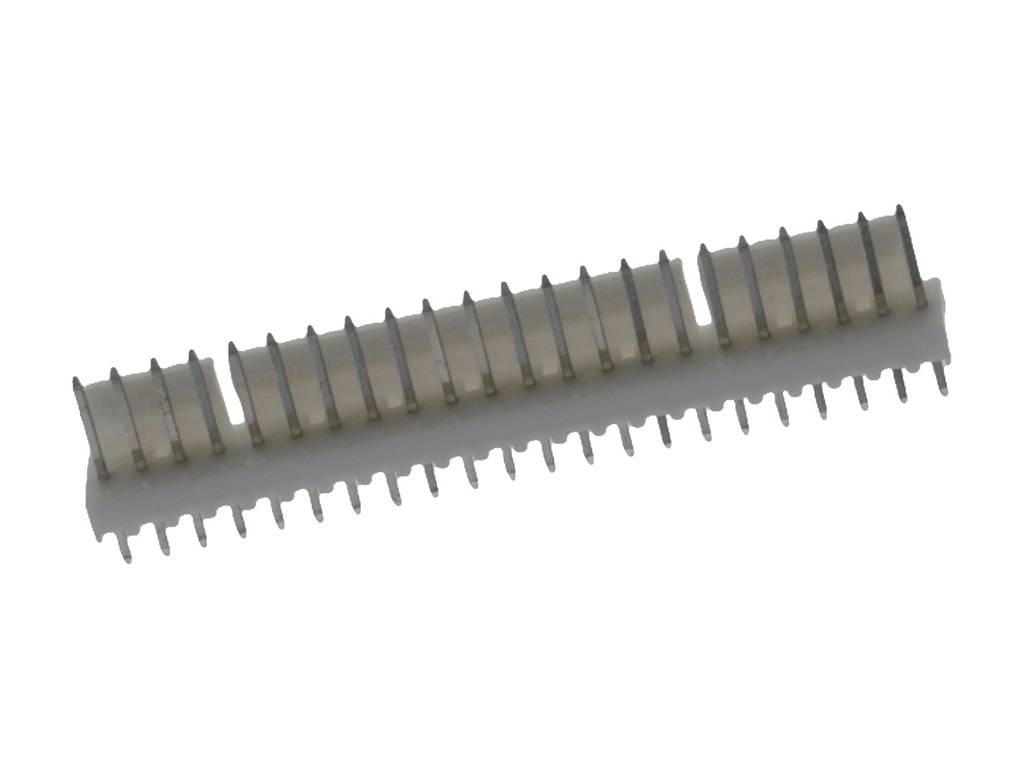 A white plastic connector with multiple vertical metal pins arranged in two evenly distributed rows. Connector positioning is horizontal.