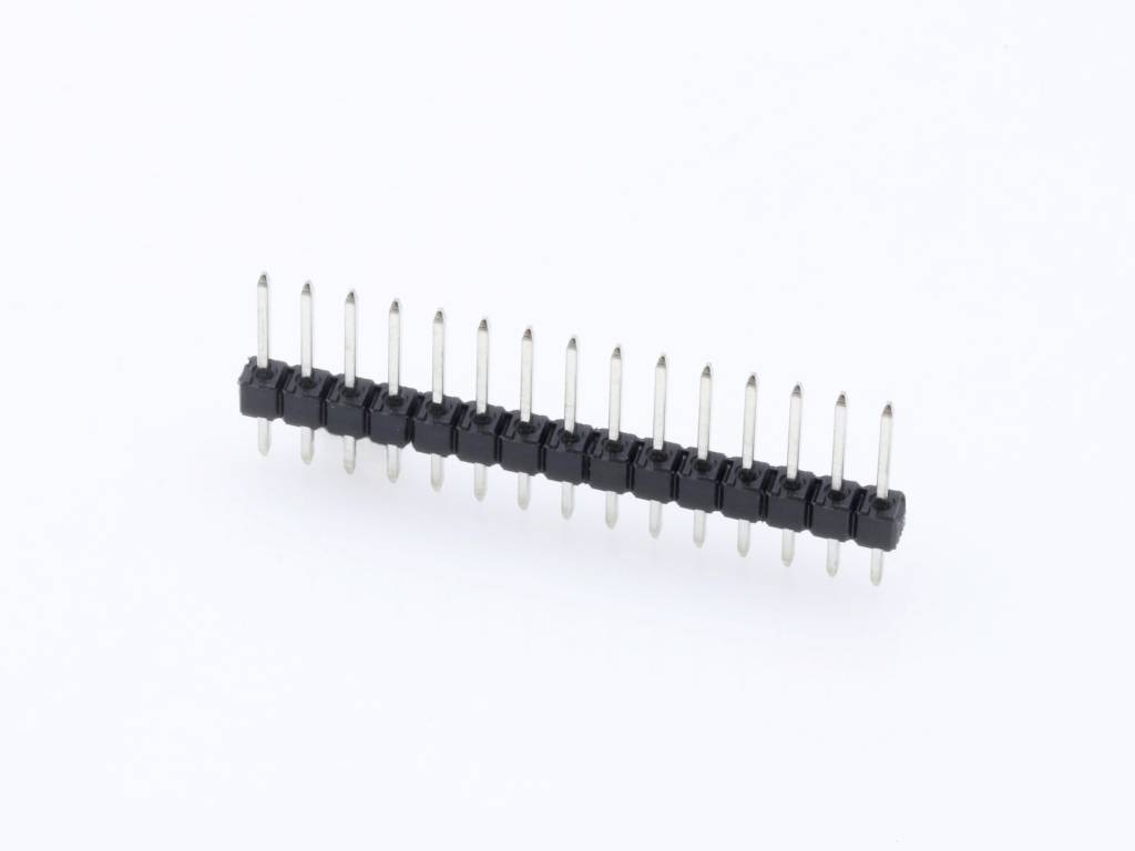 A single-row pin header with 20 pins for connecting electrical circuits, lying on a white background.