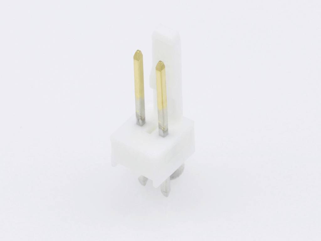 Small white plastic plug with two gold-coloured metal pins, set against a white background.