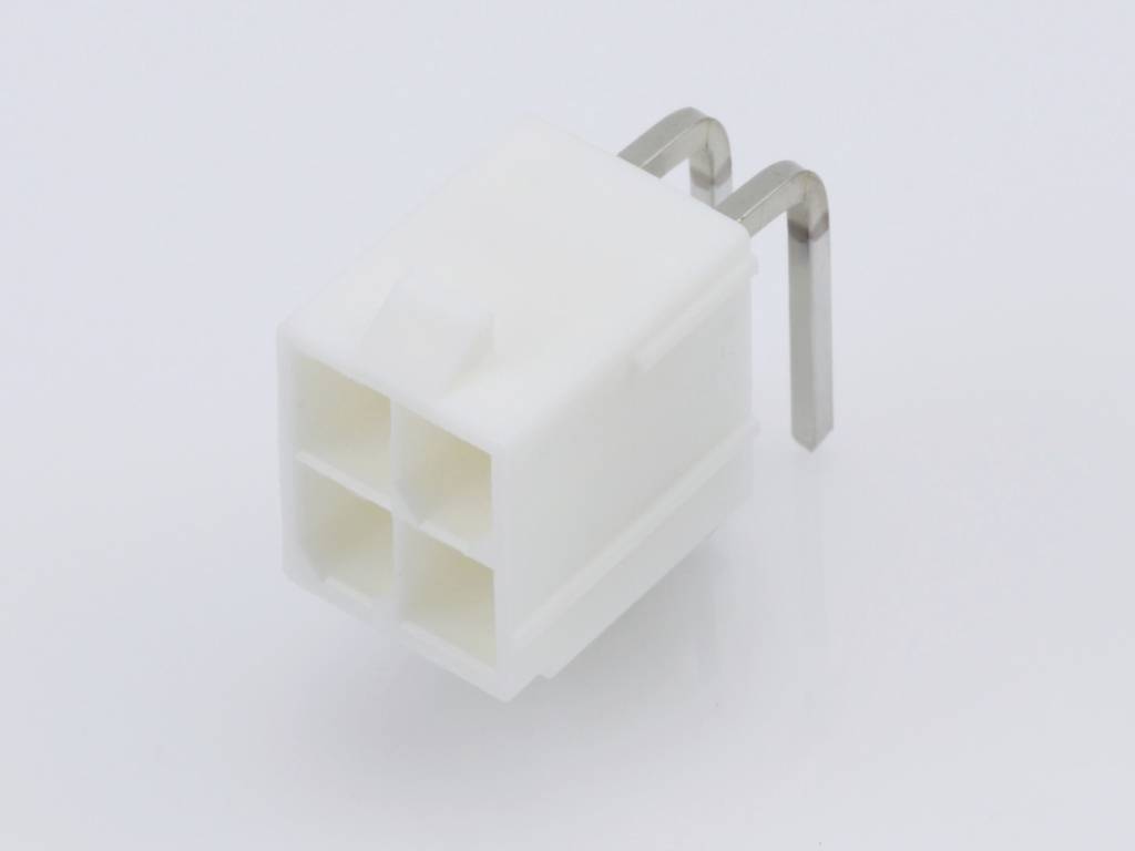 A white plastic plug with four square openings and two metal pins, possibly for electrical connections.