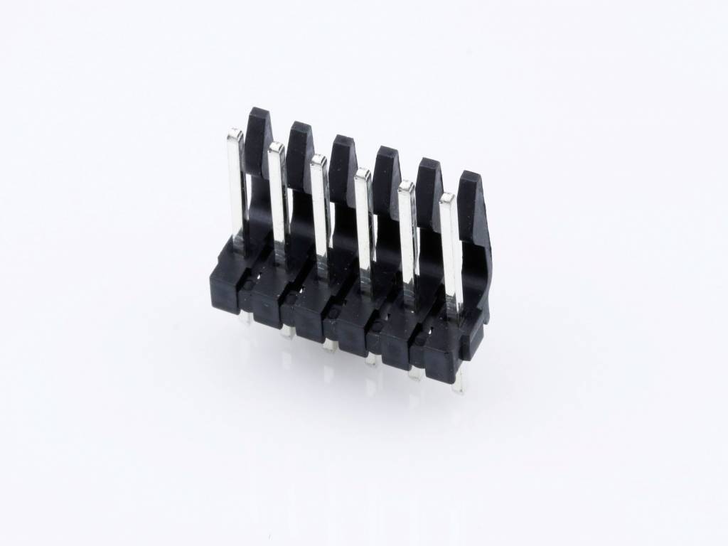 Six-pole black connector on a white background, typically used for electronic connections on printed circuit boards.