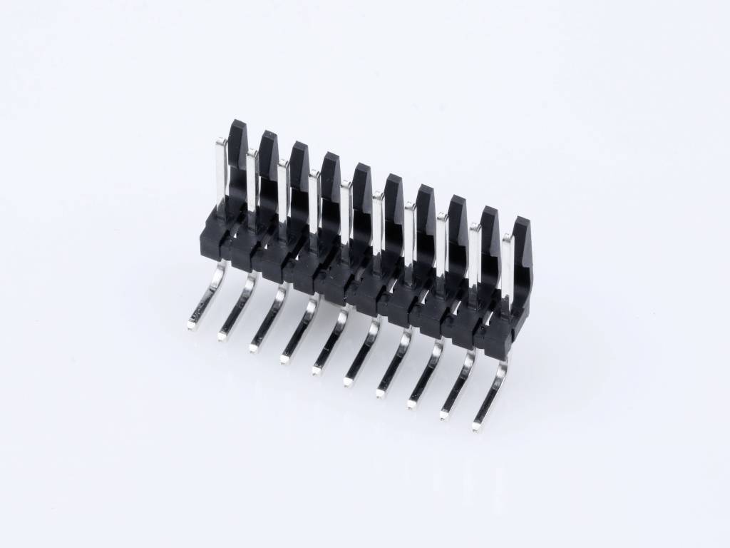 An electronic component with multiple pins, likely a connector or a row of pin headers, set against a white background.