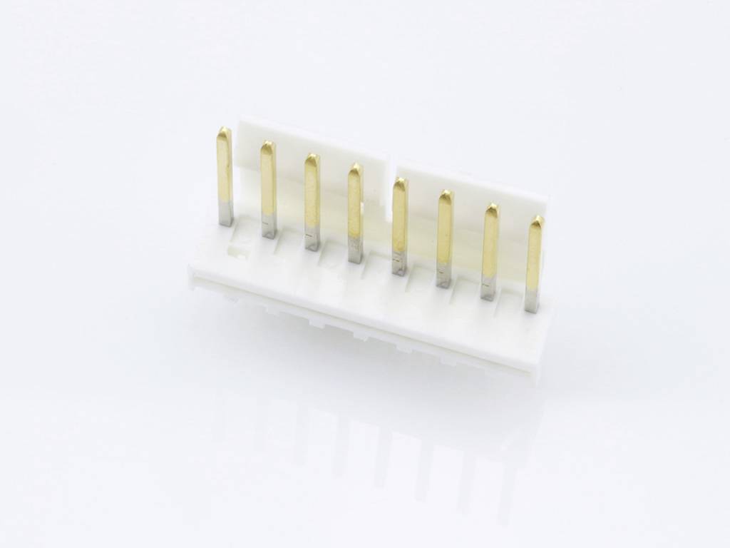 A white printed circuit board with eight golden pins arranged in two rows, mounted for electronic connections.